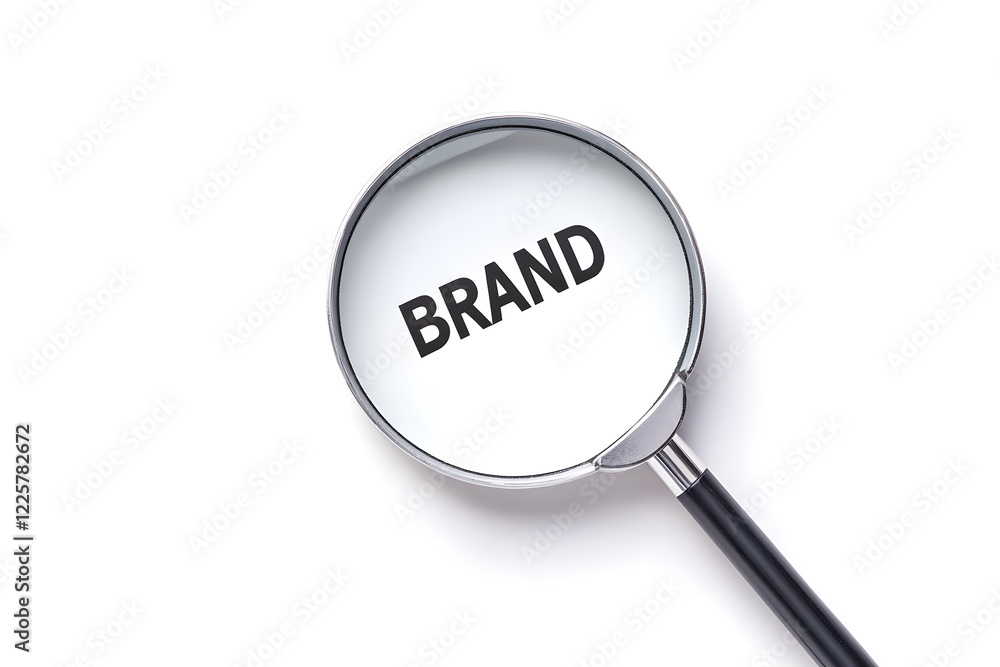 A magnifying glass focuses on the word 'BRAND', highlighting the importance of brand identity and recognition in business and marketing. A magnifying glass focuses on the word 'BRAND', highlighting the importance of brand identity and recognition in business and marketing.