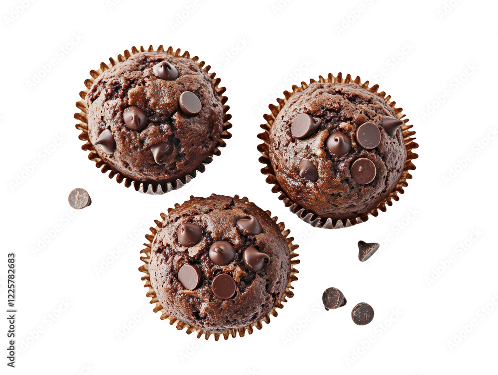 Isolated Three Chocolate Chip Muffins Isolated Three Chocolate Chip Muffins