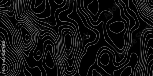 The grey white on black contours vector topography stylized height of the lines. The concept of a conditional geography scheme and the terrain path. Ultra wide. Map vector terrain Illustration.  