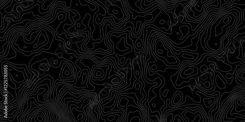 The grey white on black contours vector topography stylized height of the lines. The concept of a conditional geography scheme and the terrain path. Ultra wide. Map vector terrain Illustration.  