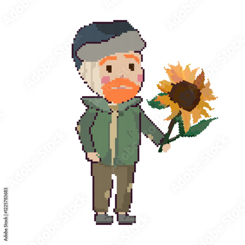 man with sunflower in pixel art style