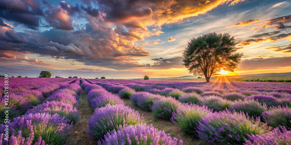 Vibrant lavender fields stretch into the horizon under a colorful sunset sky filled with dramatic clouds. A solitary tree stands amidst the blossoms, enhancing the serene beauty of the scene Vibrant lavender fields stretch into the horizon under a colorful sunset sky filled with dramatic clouds. A solitary tree stands amidst the blossoms, enhancing the serene beauty of the scene