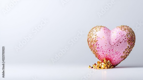 Pink heart decoration, Valentine's Day, white background, gold accents, romantic