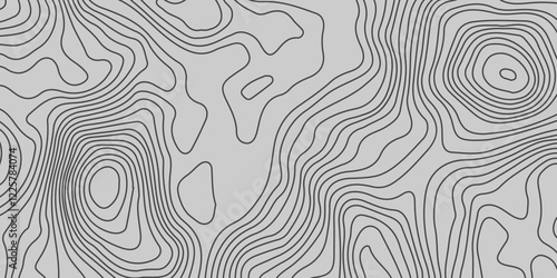 The grey white on black contours vector topography stylized height of the lines. The concept of a conditional geography scheme and the terrain path. Ultra wide. Map vector terrain Illustration.  