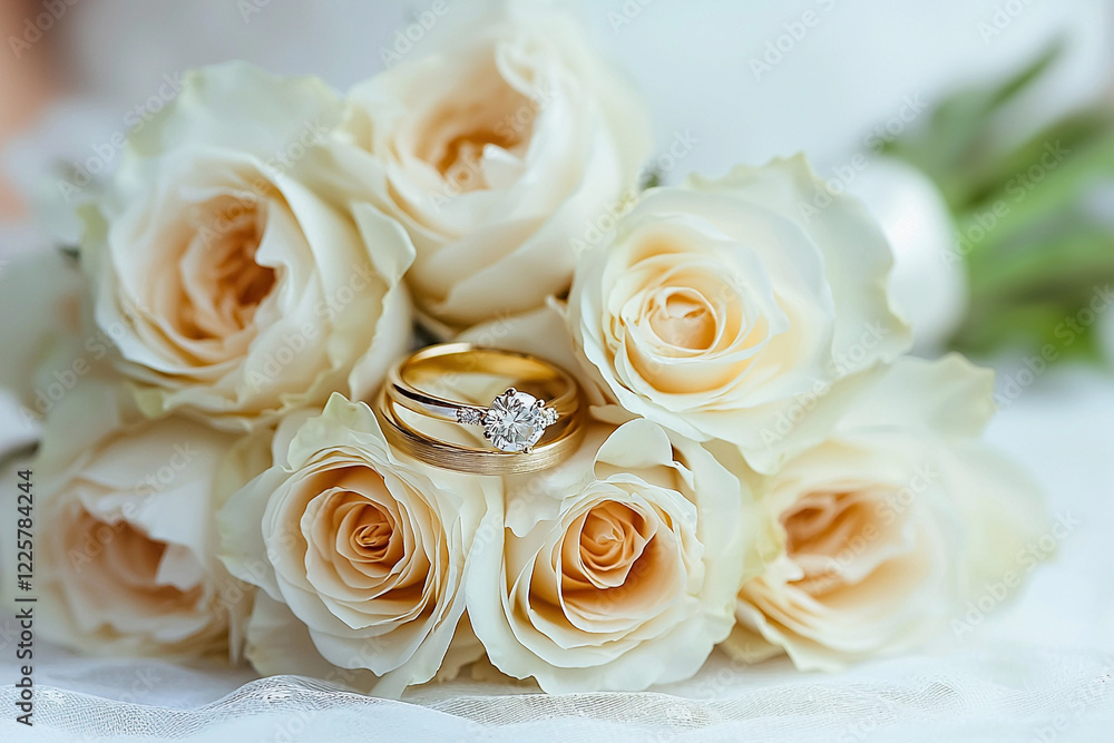 Close-up of wedding rings on background of white roses Close-up of wedding rings on background of white roses