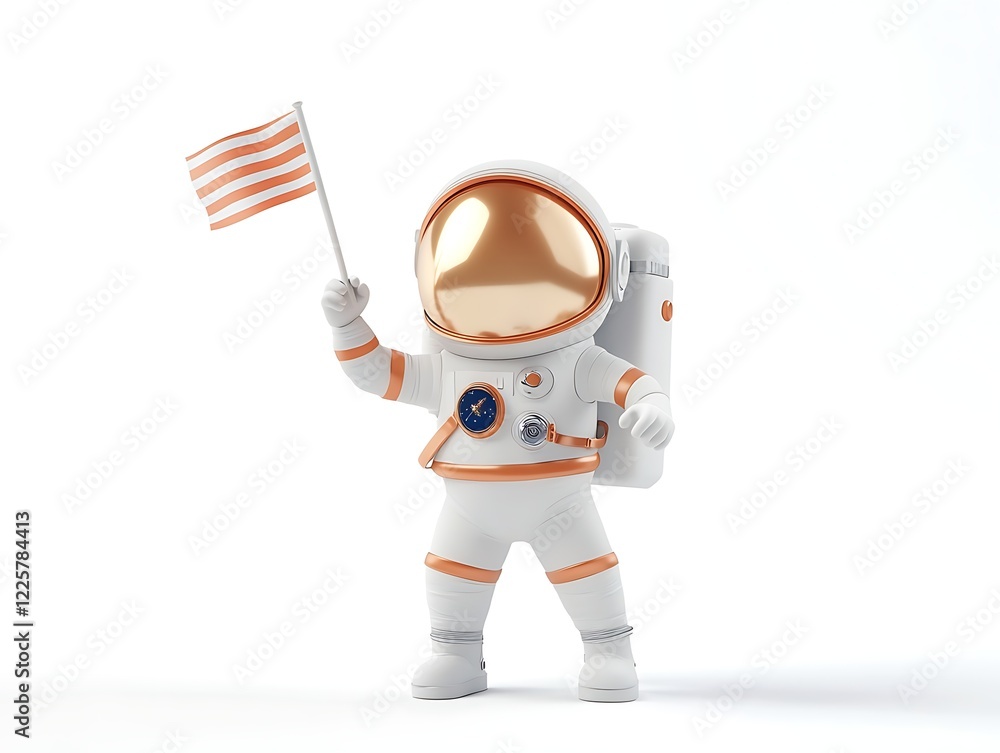 Naklejka premium 3D rendering of smiling astronaut waving holding small flag