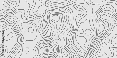 The grey white on black contours vector topography stylized height of the lines. The concept of a conditional geography scheme and the terrain path. Ultra wide. Map vector terrain Illustration.  