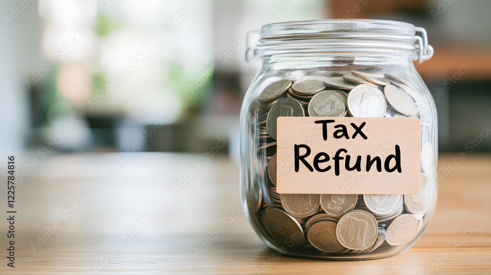 A glass jar filled with coins sits on a wooden table. A label on the jar reads 'Tax Refund,' symbolizing savings or financial returns. A glass jar filled with coins sits on a wooden table. A label on the jar reads 'Tax Refund,' symbolizing savings or financial returns.