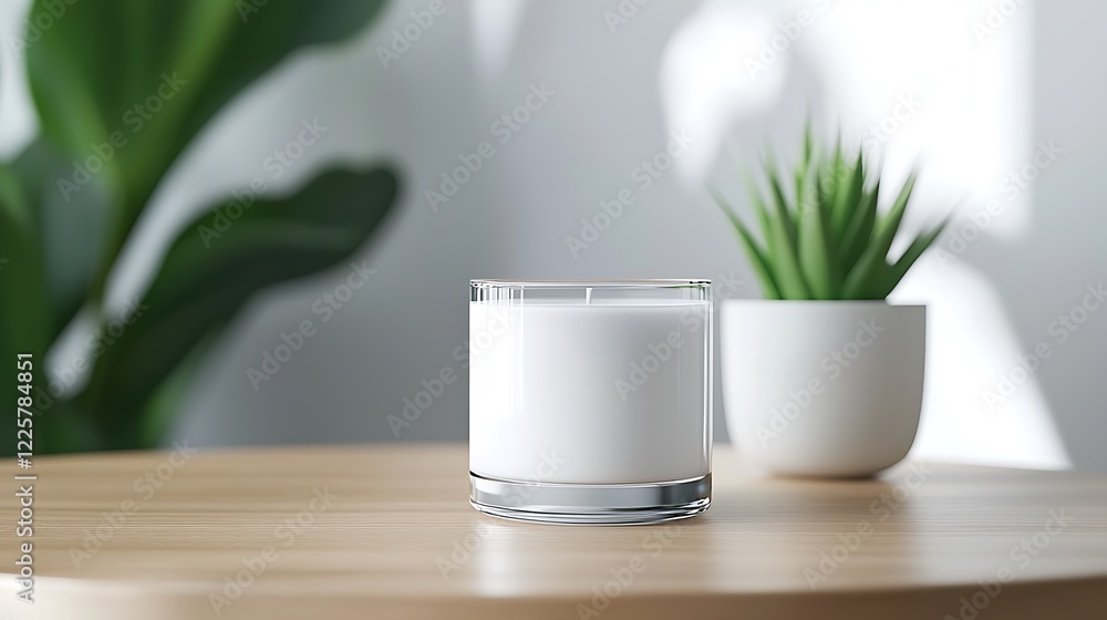 White candle in glass on wooden table with plants. White candle in glass on wooden table with plants.