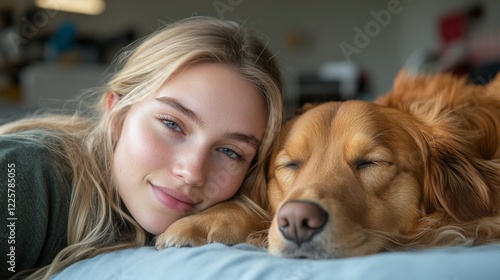 A young woman relaxes on a couch, smiling gently as she cuddles with a golden retriever. The warm sunlight fills the cozy room, creating a tranquil atmosphere.