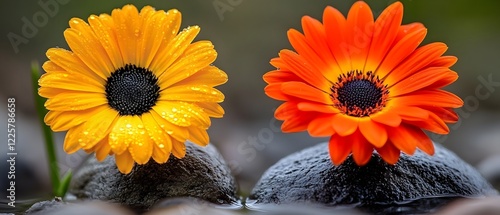 Vibrant Orange and Yellow Flowers on Stones, Dew Drops photo