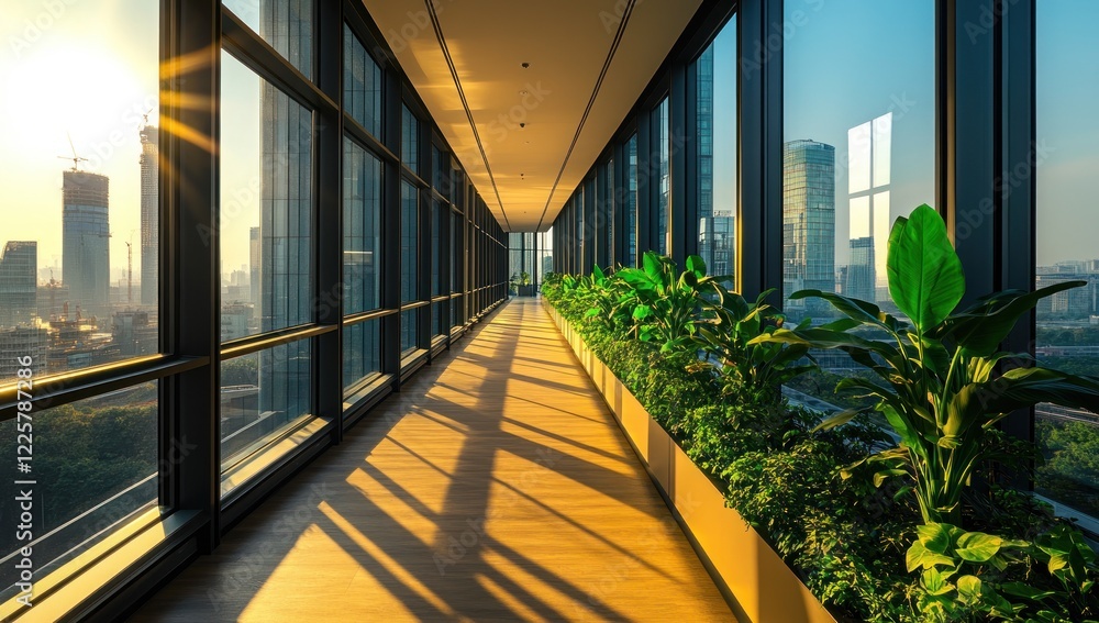 Fototapeta premium Sunlit Modern Office Corridor with City Views