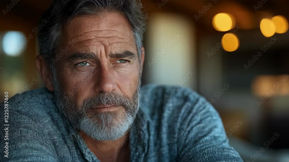 Close up middle aged man with groomed short grey beard, wearing grey t-shirt, contemplating with pensive look, against blurred warm bokeh, with copy space. Concept of wisdom and life experience Close up middle aged man with groomed short grey beard, wearing grey t-shirt, contemplating with pensive look, against blurred warm bokeh, with copy space. Concept of wisdom and life experience