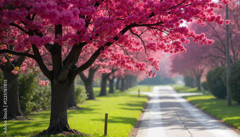 Naklejka premium Beautifully blooming trees and shrubs, vibrant mood, lining serene pathway in garden, copy space