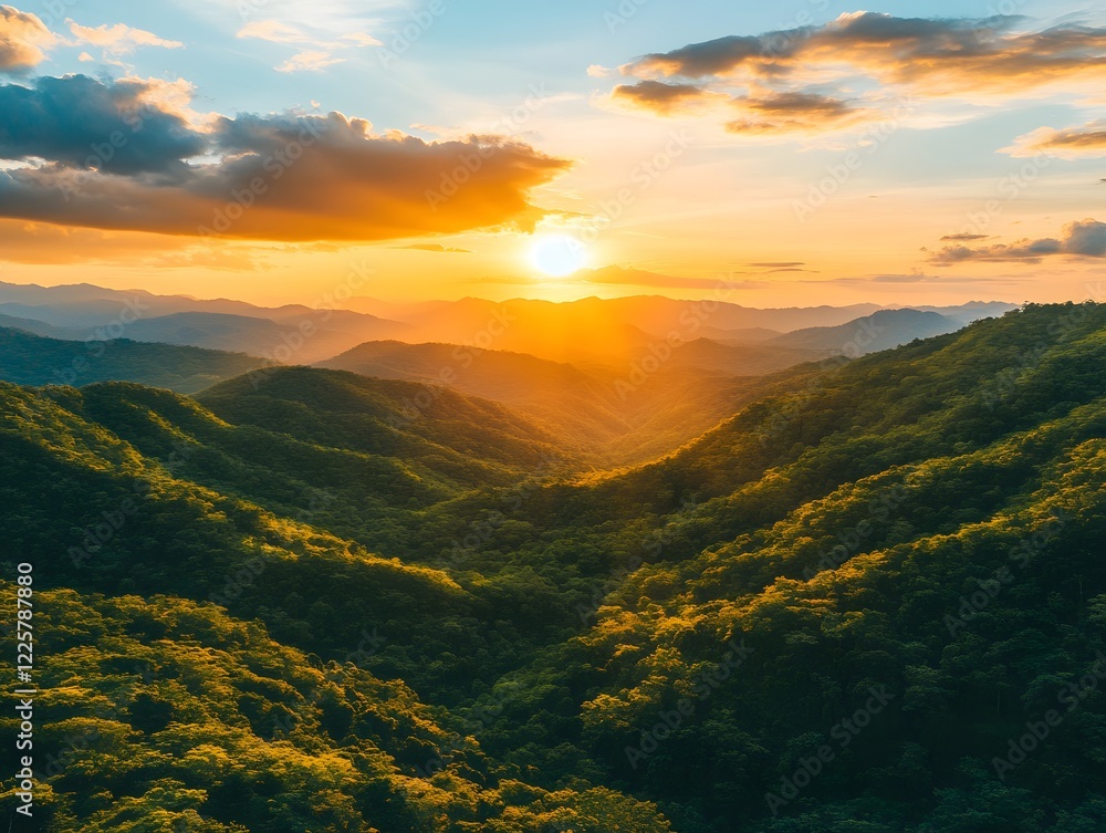 Golden Hour Sunset Over Lush Green Mountains Golden Hour Sunset Over Lush Green Mountains