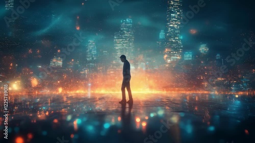Wallpaper Mural Mans silhouette standing on reflective surface against futuristic night cityscape with glowing skyscrapers and magical sparkles in orange and turquoise colors Torontodigital.ca