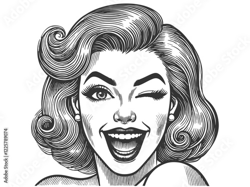 Woman Winking engraving sketch vector illustration