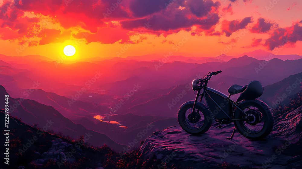 Obraz premium A sleek electric bike rests on a serene mountain path at sunset, overlooking a stunning valley below with vibrant orange and pink hues in the sky. Electric Valley. Illustration