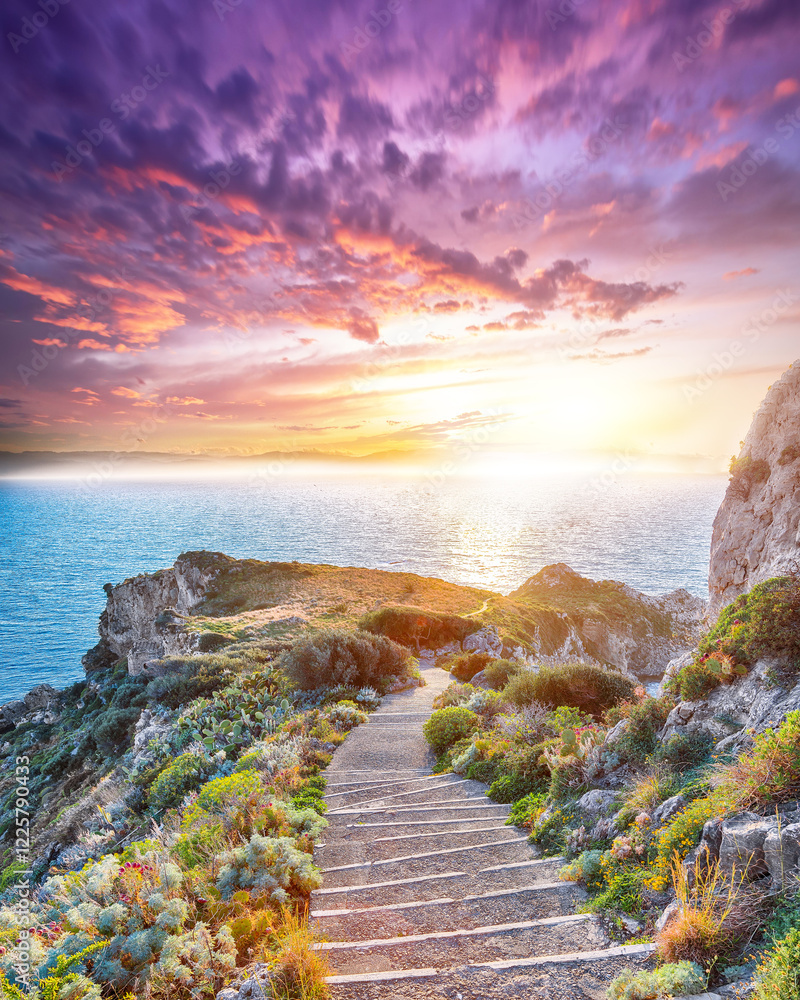 Breathtaking spring view on the the cape Milazzo panorama of nature reserve.