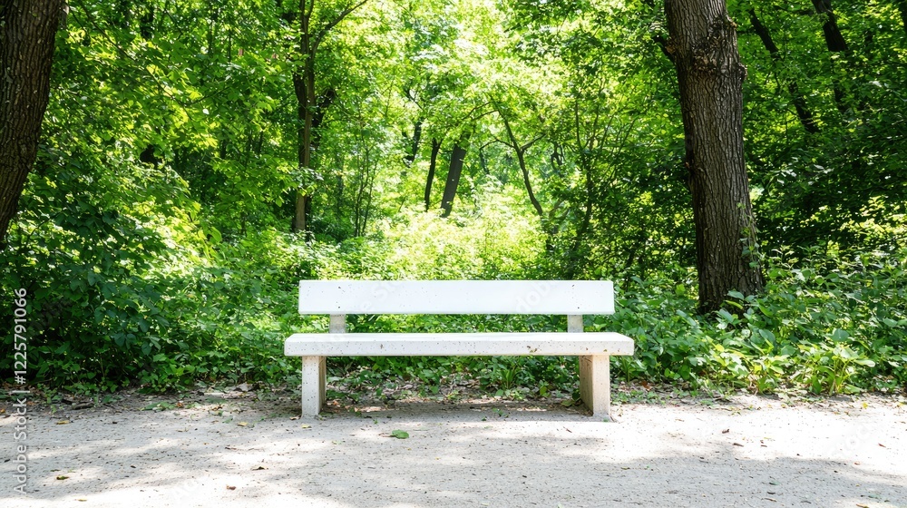 White bench in a tranquil forest park. Relaxing nature scene for peace, serenity, and calm White bench in a tranquil forest park. Relaxing nature scene for peace, serenity, and calm