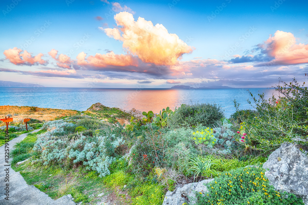 Awesome spring view on the the cape Milazzo panorama of nature reserve.