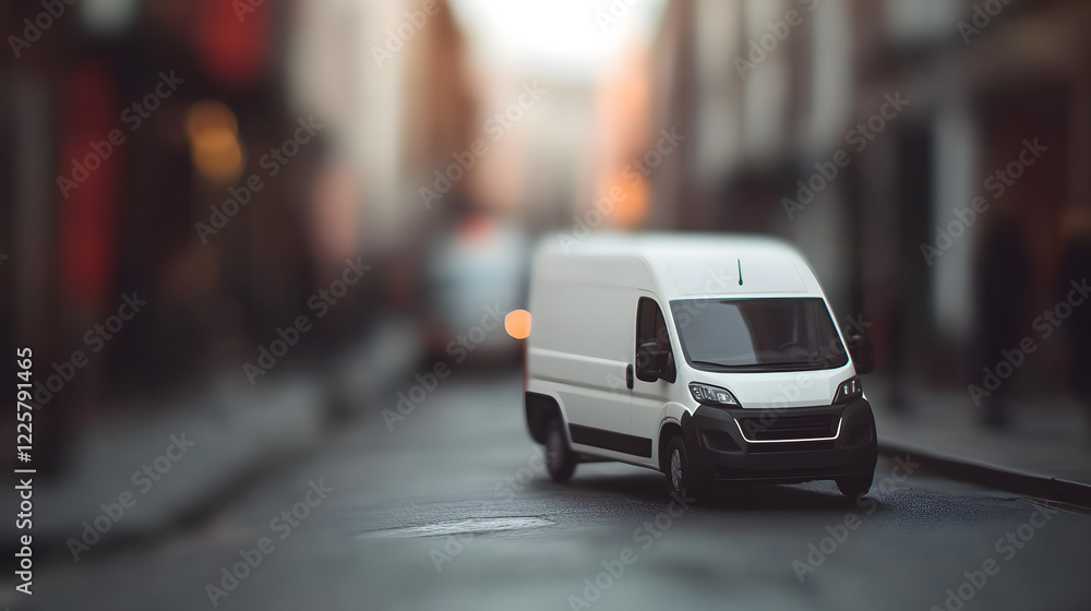 Delivery van driving away on a quiet urban street, with a blurred background capturing the motion and peaceful atmosphere of the city, showcasing the van in action as it departs.
Delivery van driving away on a quiet urban street, with a blurred background capturing the motion and peaceful atmosphere of the city, showcasing the van in action as it departs.