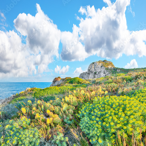 Amazing spring view on the the cape Milazzo panorama of nature reserve Piscina di Venere.