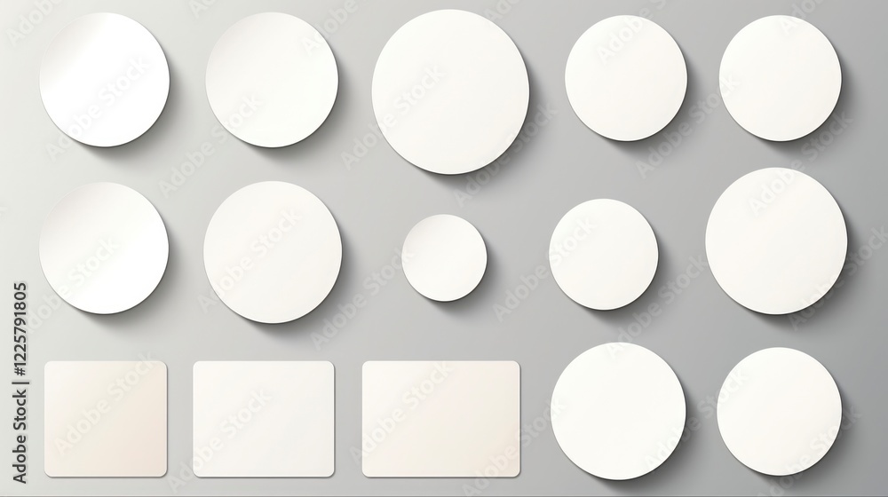 Three-Dimensional Sticker Mockup Set with Adhesive Acrylic Look. Realistic Round Paper Stickers with Bent Corners, Shadow and Badge Design Three-Dimensional Sticker Mockup Set with Adhesive Acrylic Look. Realistic Round Paper Stickers with Bent Corners, Shadow and Badge Design