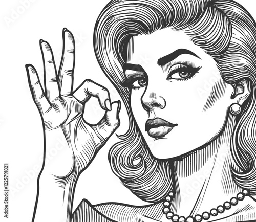 Woman with OK Hand Gesture engraving vector