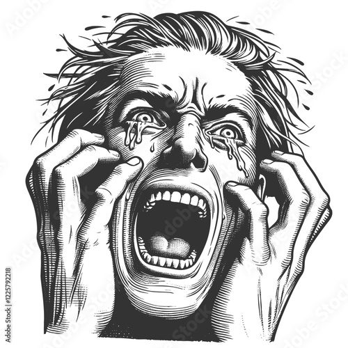 Dramatic Crying Man engraving vector illustration