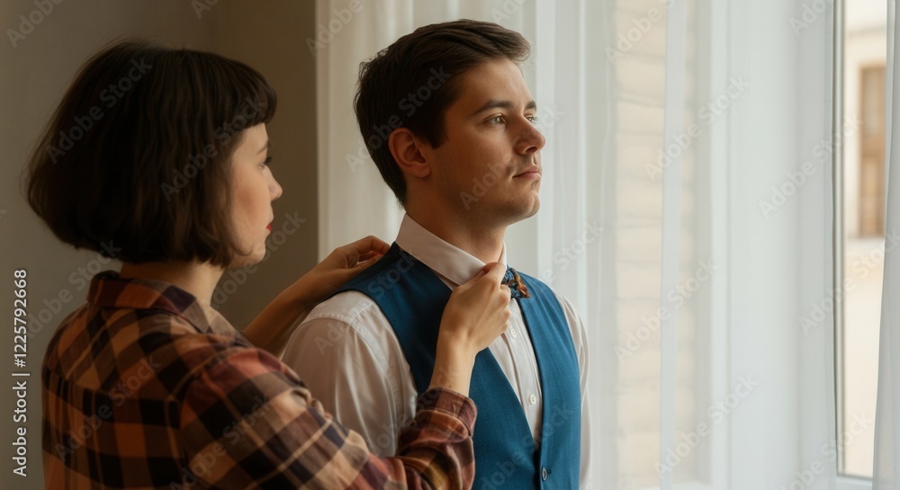 Young caucasian couple preparing for formal event in elegant attire Young caucasian couple preparing for formal event in elegant attire
