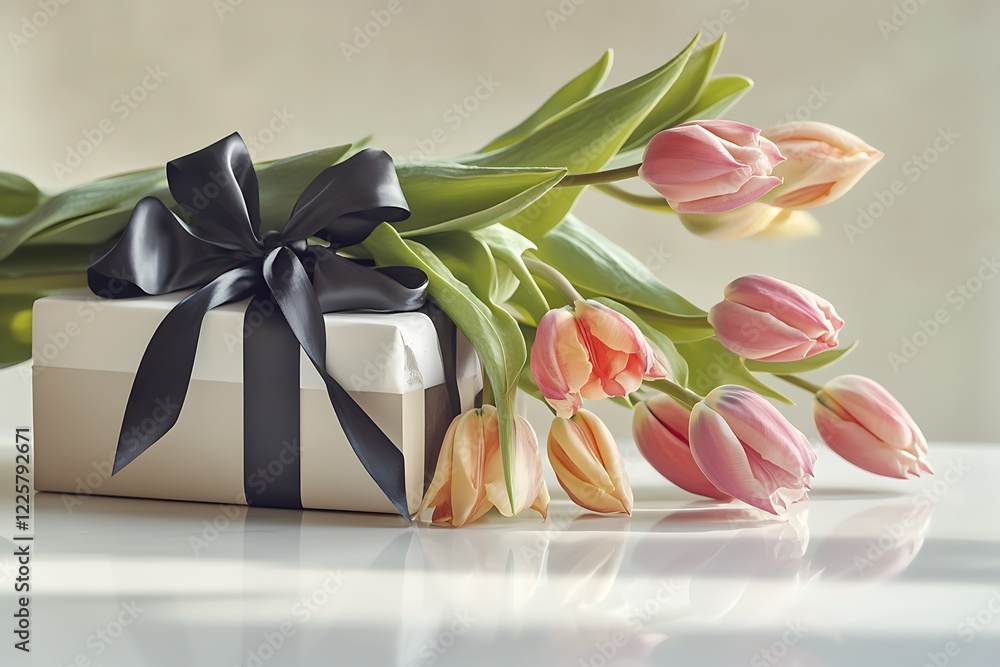 custom made wallpaper toronto digitalA chic and sophisticated tableau with tulips elegantly drooping over a luxurious gift, presented on a smooth white surface.