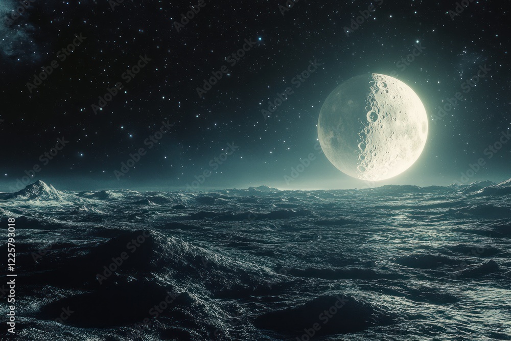 Stunning view of the moon's surface under a starry night sky, showcasing craters and celestial beauty in deep space Stunning view of the moon's surface under a starry night sky, showcasing craters and celestial beauty in deep space