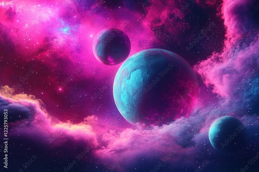 Obraz premium Ethereal planets surrounded by vibrant pink and purple nebulae, set against a starry cosmic background, radiating mystery and beauty