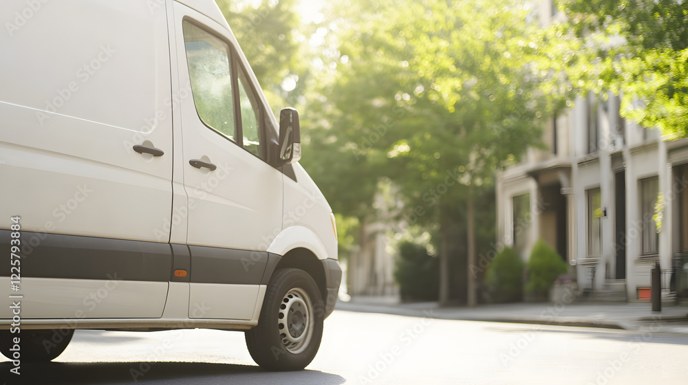 Delivery van driving away on a quiet urban street, with a blurred background capturing the motion and peaceful atmosphere of the city, showcasing the van in action as it departs.
Delivery van driving away on a quiet urban street, with a blurred background capturing the motion and peaceful atmosphere of the city, showcasing the van in action as it departs.