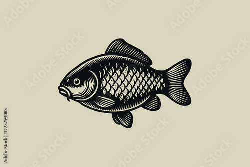 Vintage black flat engraving of crucian carp fish, simple and classic