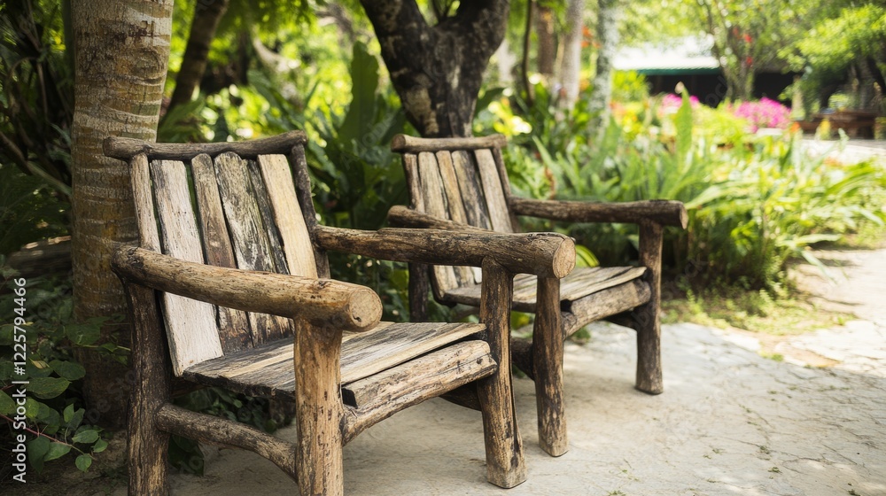 Wooden chairs in the outside garden Wooden chairs in the outside garden