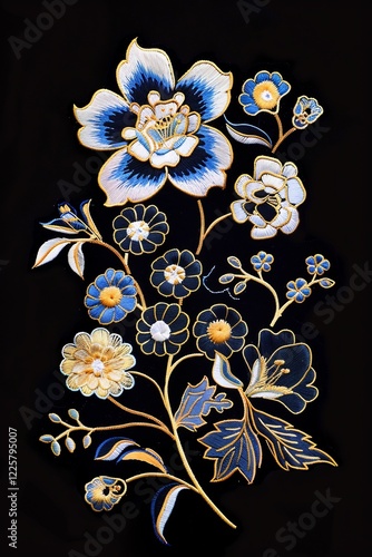 Elegant Blue and Gold Floral Embroidery on Black Velvet