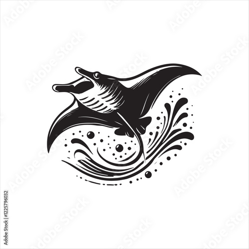 Konstfotografi Black Color Manta Ray silhouette design Vector Illustration, Solid White Background (6)