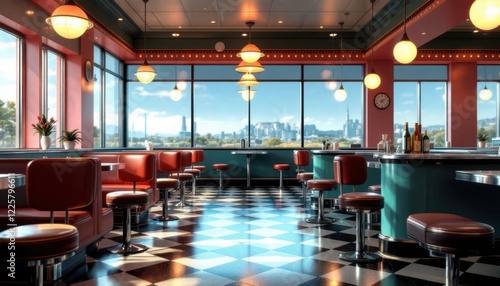 Retro american diner interior with red booths and cityscape view