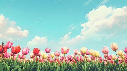 Colorful field of tulips under a vibrant sky