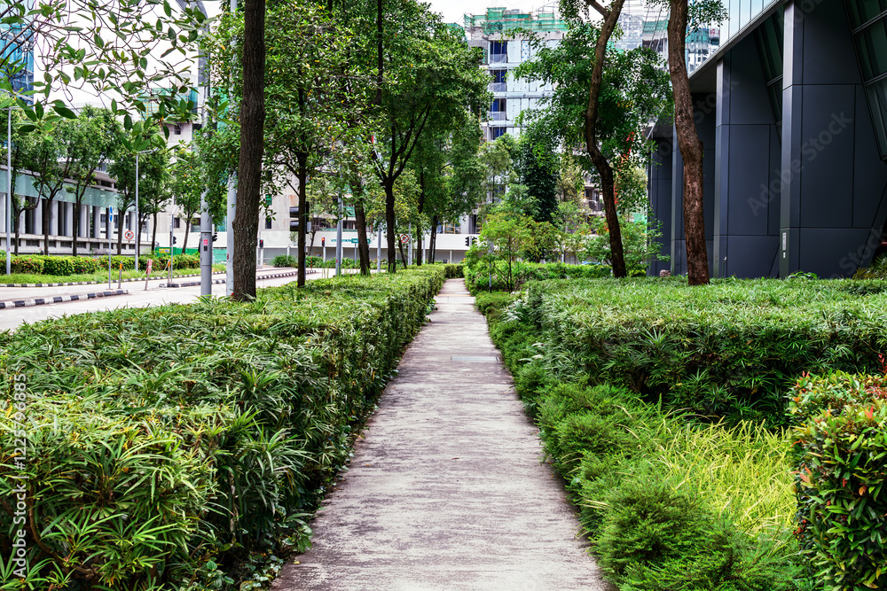 A narrow concrete pathway surrounded by lush green plants and trees in an urban environment. Modern cityscape with greenery and sustainable design. A narrow concrete pathway surrounded by lush green plants and trees in an urban environment. Modern cityscape with greenery and sustainable design.