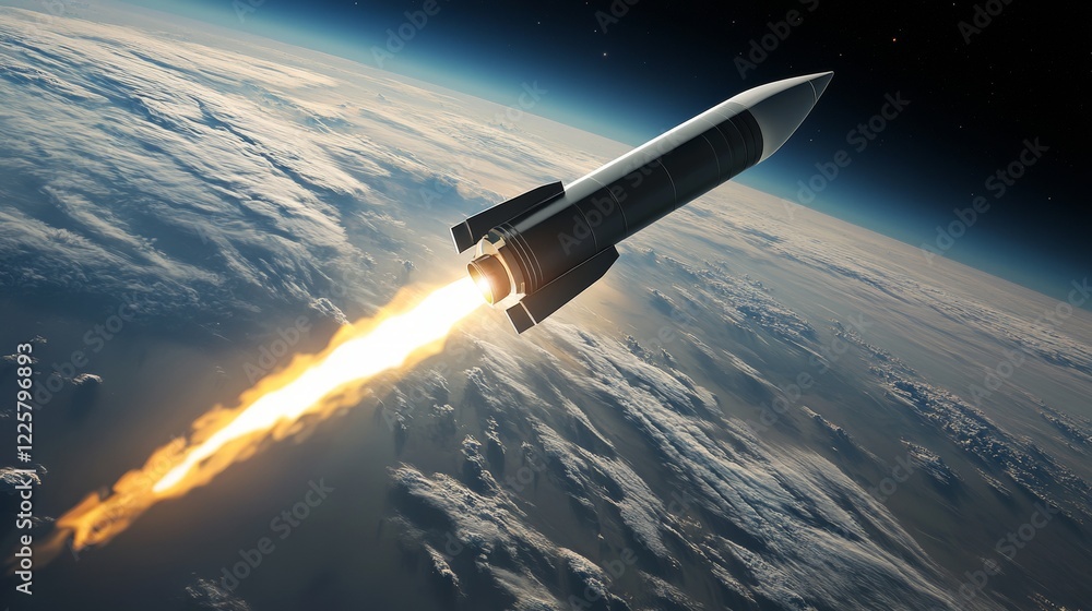 Obraz premium Paper art style of rocket flying over the earth, start up concept, flat-style vector illustration.