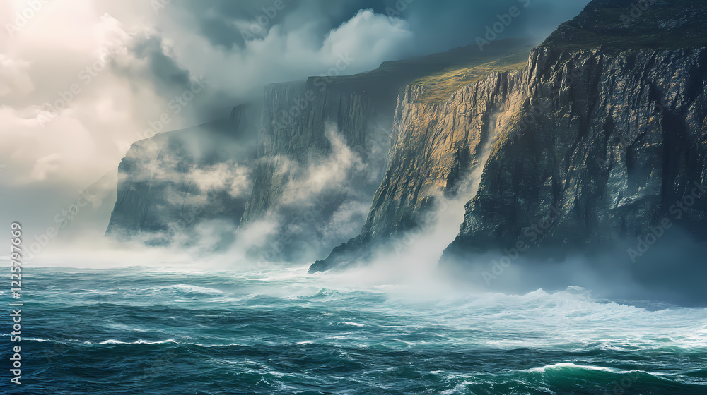 Fog-laden cliffs looming over a turbulent sea, a sight to behold. Enchanted Cliffs. Illustration Fog-laden cliffs looming over a turbulent sea, a sight to behold. Enchanted Cliffs. Illustration