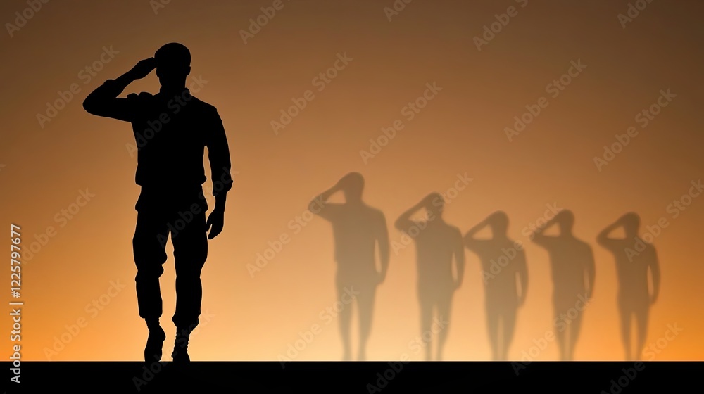 Saluting Soldier Silhouetted Against a Soft Gradient Backdrop at Dusk Saluting Soldier Silhouetted Against a Soft Gradient Backdrop at Dusk