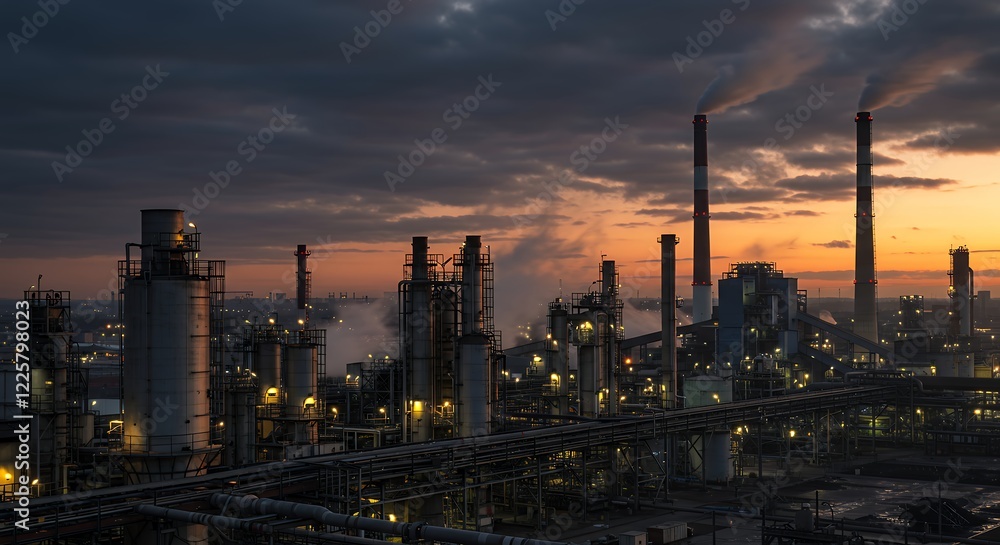 Industrial Refinery Sunset Landscape Dramatic View Industrial Refinery Sunset Landscape Dramatic View