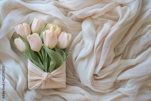 A delicate scene of pastel tulips gently resting against a gift wrapped in soft, natural fabric, creating a harmonious color palette. photo