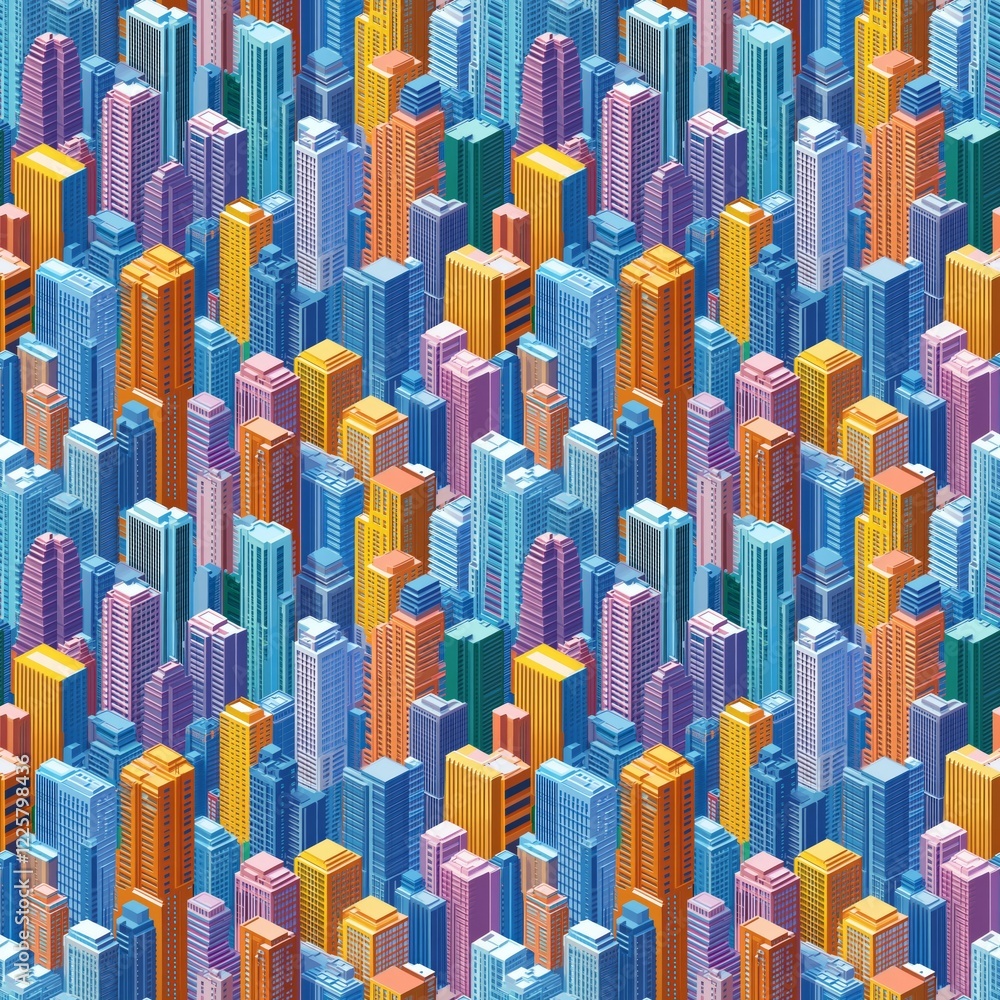 Obraz premium Vibrant isometric illustration of colorful urban skyscrapers in a dense pattern