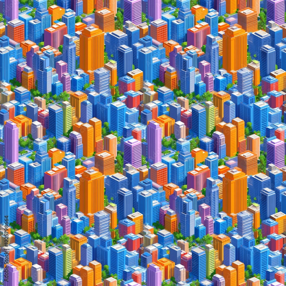 Obraz premium Vibrant isometric illustration of colorful urban skyscrapers in a dense pattern