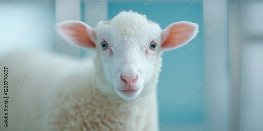 Fototapeta premium A white sheep with its head turned to the side. The sheep is looking at the camera. The sheep is in a blue room